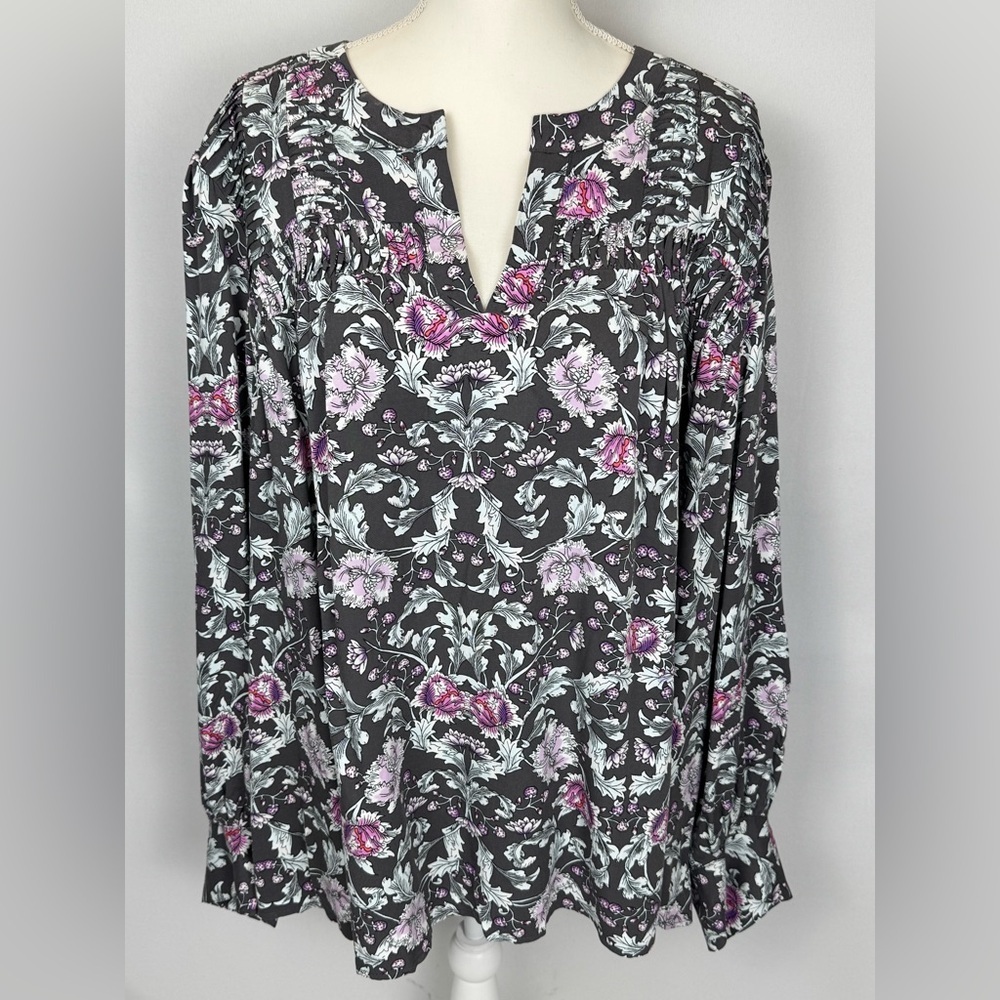 NWT Lane Bryant Peasant Top Tunic Black Purple Floral Balloon Sleeves Sz 24 Boho - Picture 2 of 11